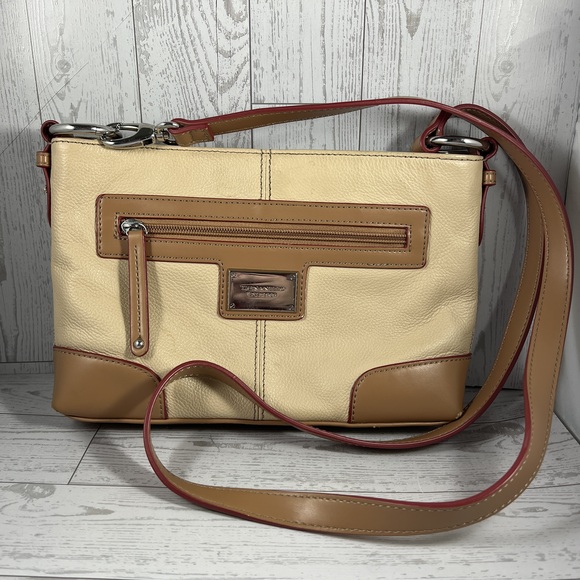 Cream & Brown Tignanello Handbag Crossbody Two Tone Multiple Pocket Classic Chic - Picture 2 of 11